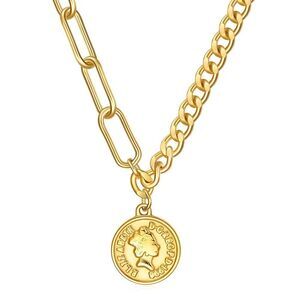 18K Gold Plated Women's Queen Elizabeth Crown Coin Necklace Waterproof Chunky
